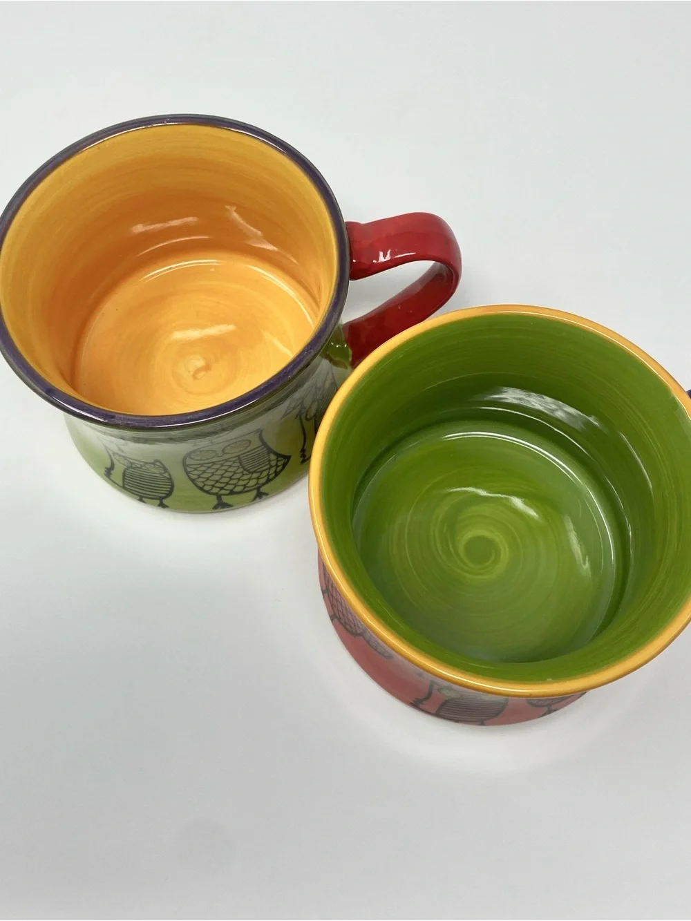 Set of 2 Beautiful colorful owl decorated Pier 1 Hand painted Stoneware mugs10oz